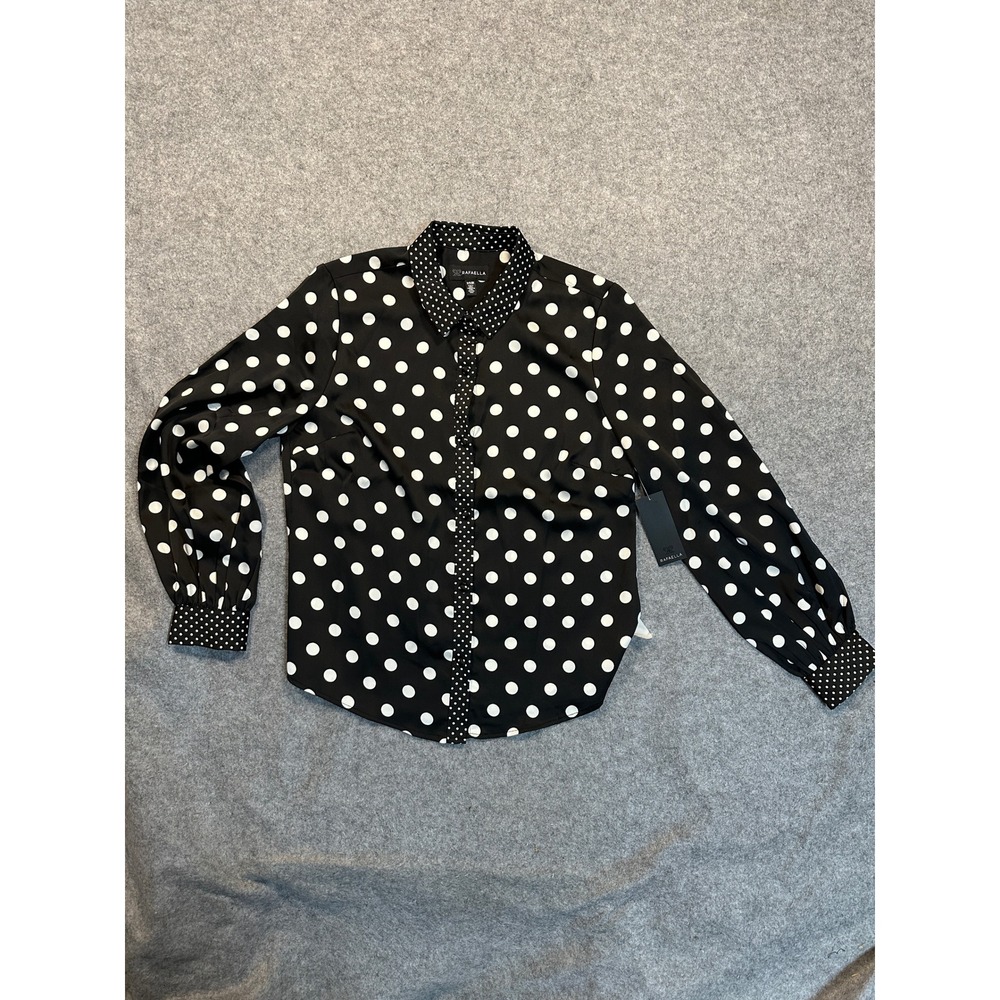 Rafaella Polka Dot Button-Up Small Black White Satin Finish Blouse